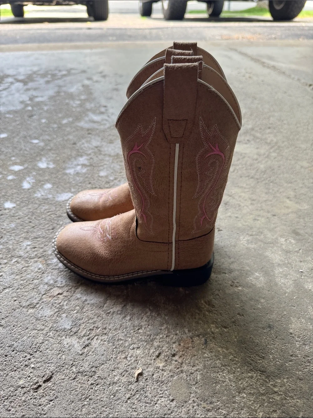 Girls Tan Western Cowboy Boots with Pink Stitching